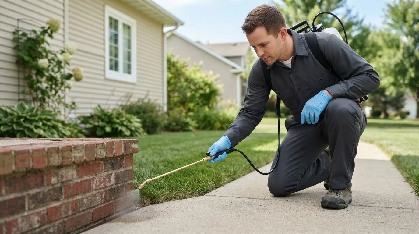 Pest control technician treating a home near Freeport, MI