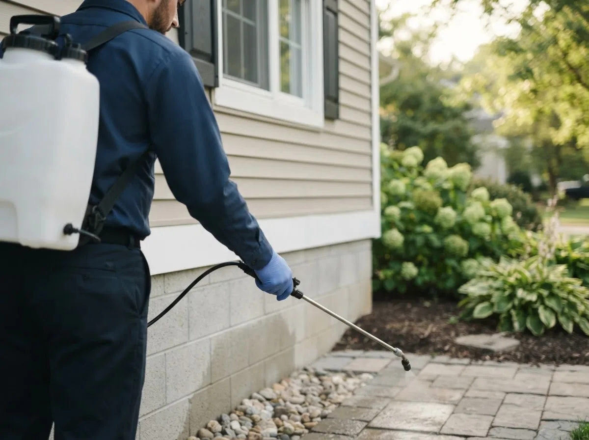 Pest control technician inspecting a home in Freeport, MI